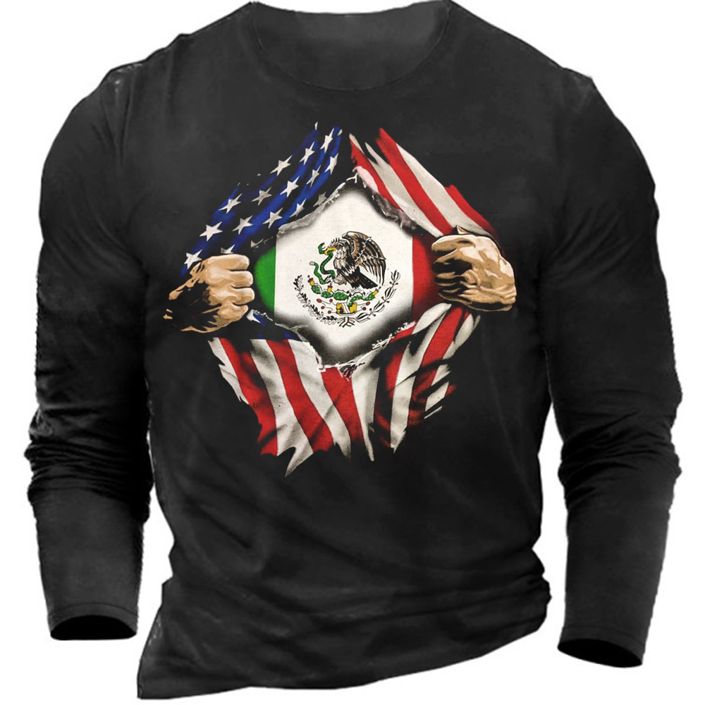American Flag Mexican Flag Chic Printmen's Cotton Long Sleeve T-shirt