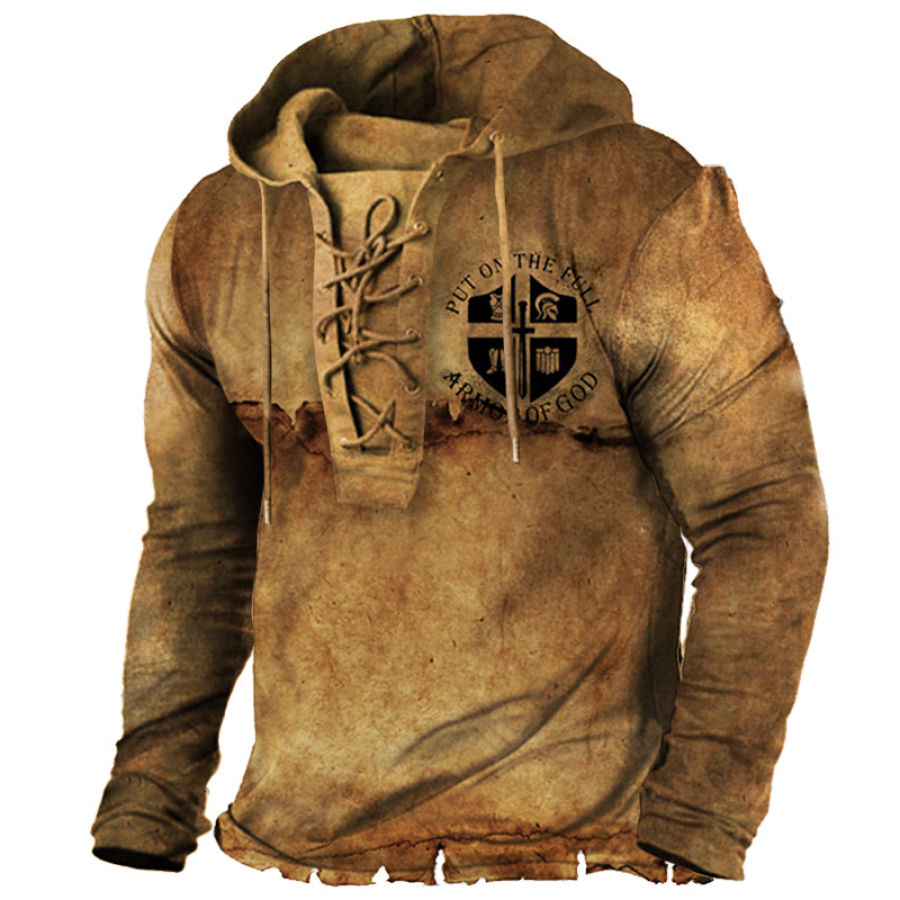 

Men's Put On The Full Armor Of God Vintage Print Lace-Up Hooded T-Shirt