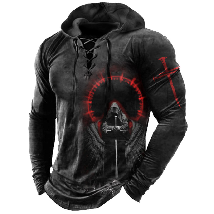 

Men's Jesus God Halo Print Lace-Up Hoodie T-Shirt