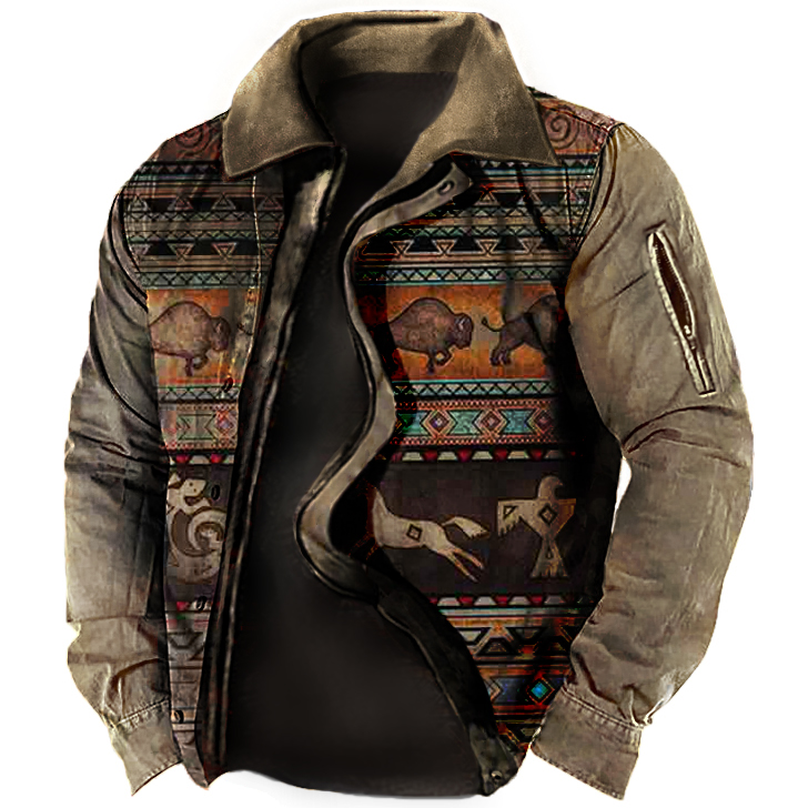 Men's Outdoor Ethnic Pattern Chic Zipper Tactical Shirt Jacket
