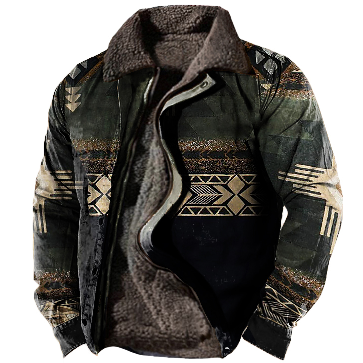 Men's Retro Ethnic Print Chic Fleece Zipper Tactical Shirt Jacket