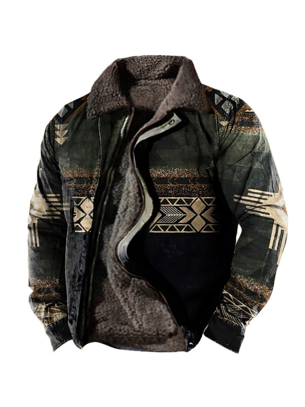 Men's Retro Ethnic Print Fleece Zipper Tactical Shirt Jacket