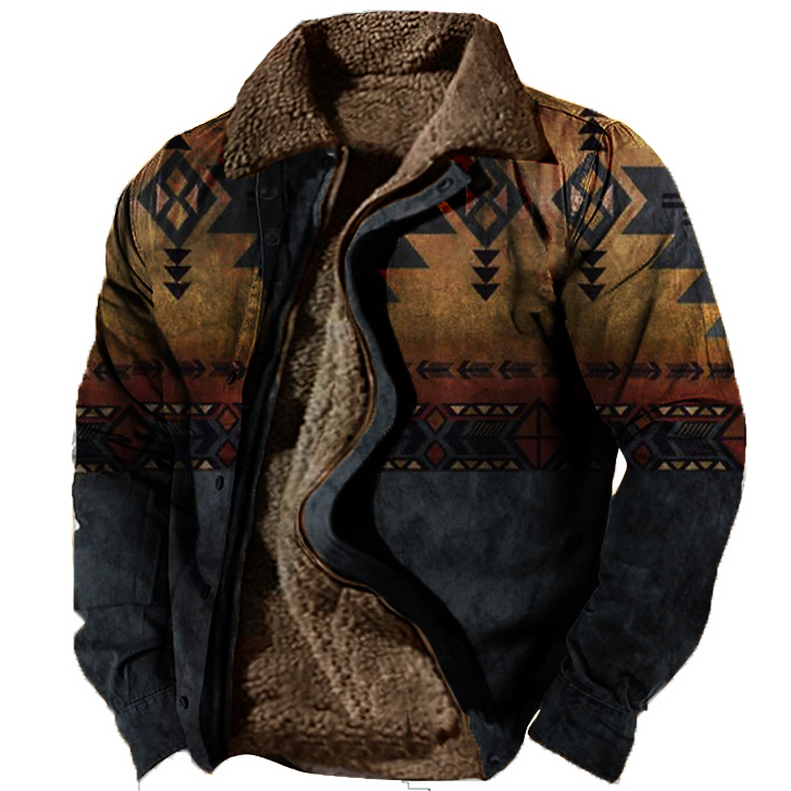 Men's Outdoor Ethnic Pattern Chic Fleece Zipper Tactical Shirt Jacket