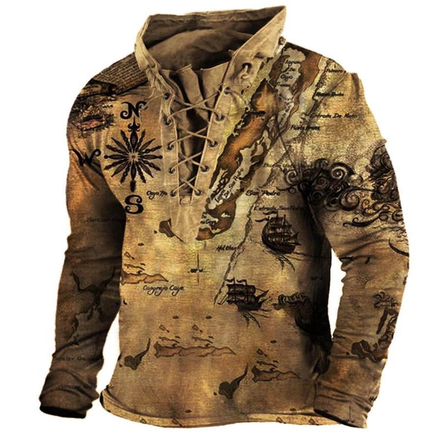 

Men's Vintage Nautical Map Compass Lace-Up Hooded T-Shirt