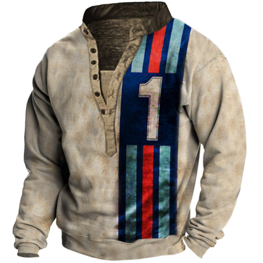 

Men's Vintage Racing Stripe Print Henley Collar Sweatshirt
