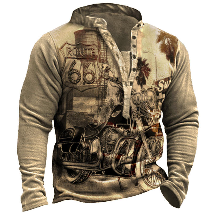 

Men's Vintage Route 66 Motorcycle Print Thickened Henry Sweatshirt