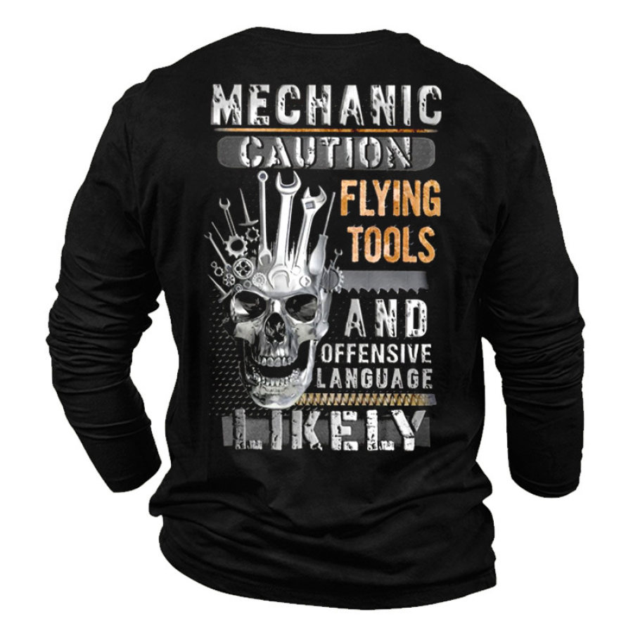 

Men's Mechanic Caution Flying Tools And Offensive Language Likely Fun Print T-Shirt