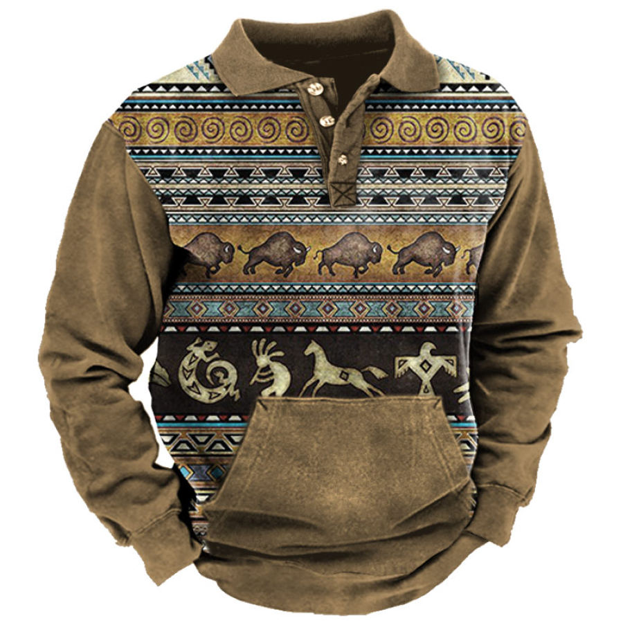 

Men's Vintage Ethnic Print Pocket Polo Neck Sweatshirt