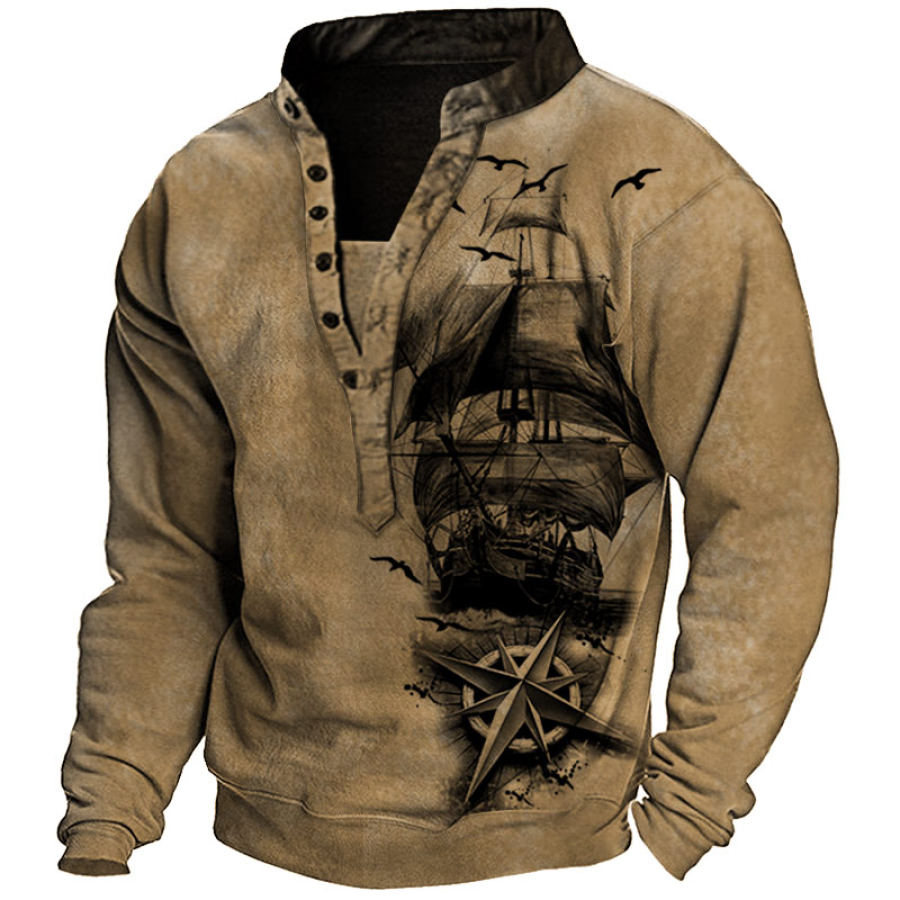 

Men's Vintage Nautical Boat Compass Print Henley Sweatshirt