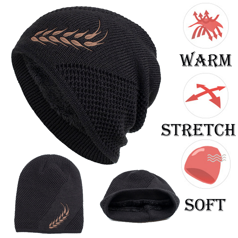 Autumn Winter Warm Fleece Chic Wheat Embroidery Pattern Knitted Hat