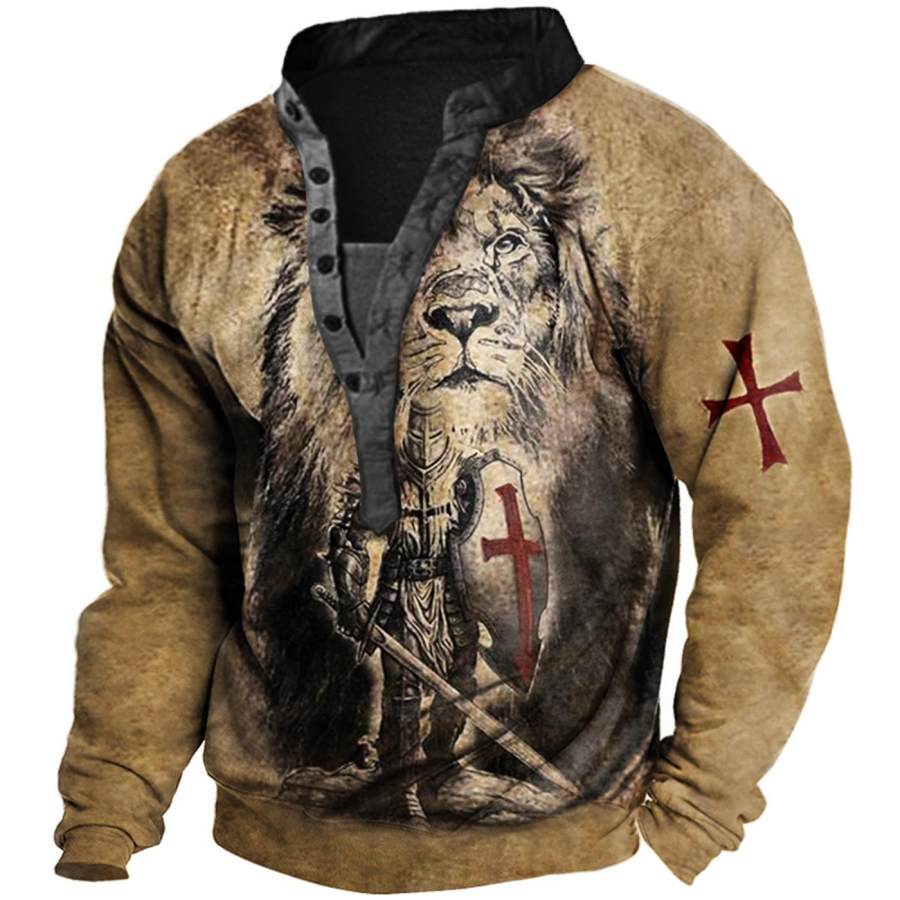 

Men's Vintage Templar Lion Print Henley Sweatshirt