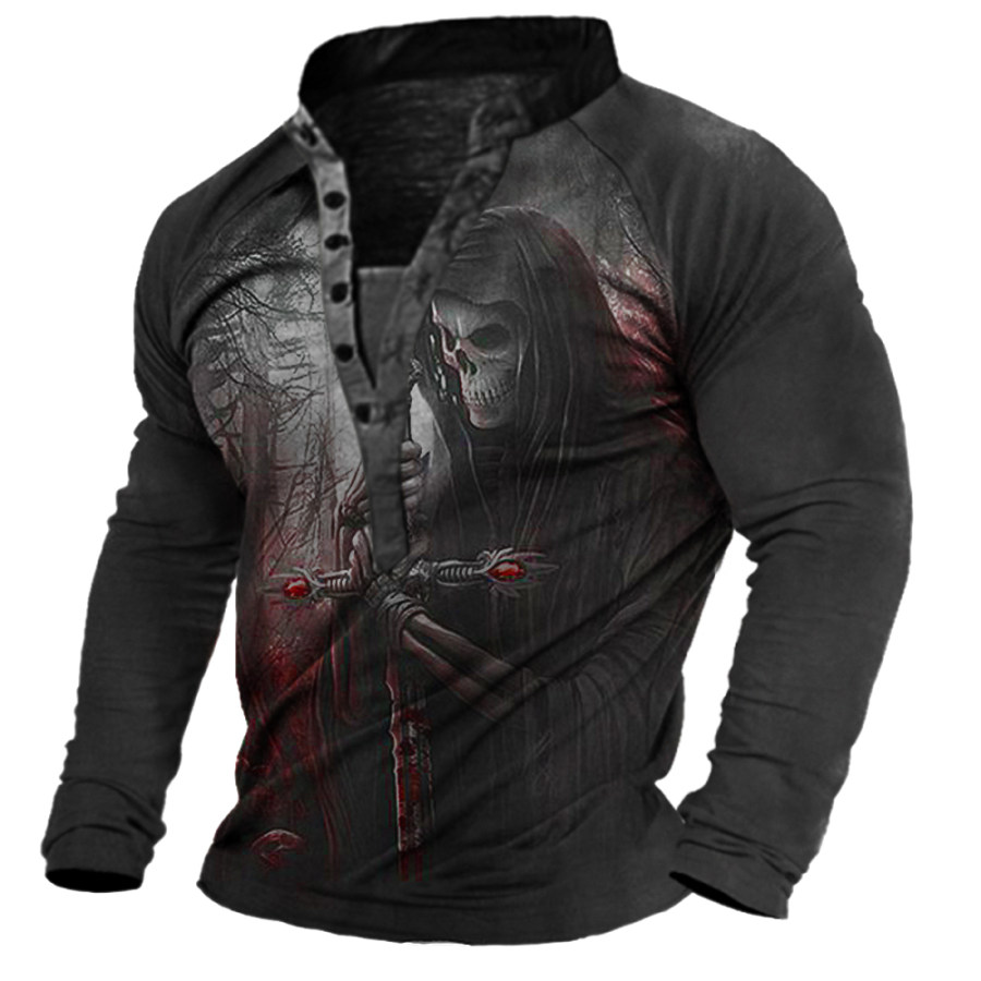 

Men's Vintage Skull Print Henley Collar Long Sleeve Top