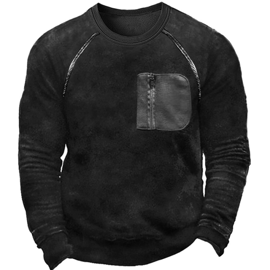 

Men's Zip Pocket Patchwork Color Crew Neck Sweatshirt