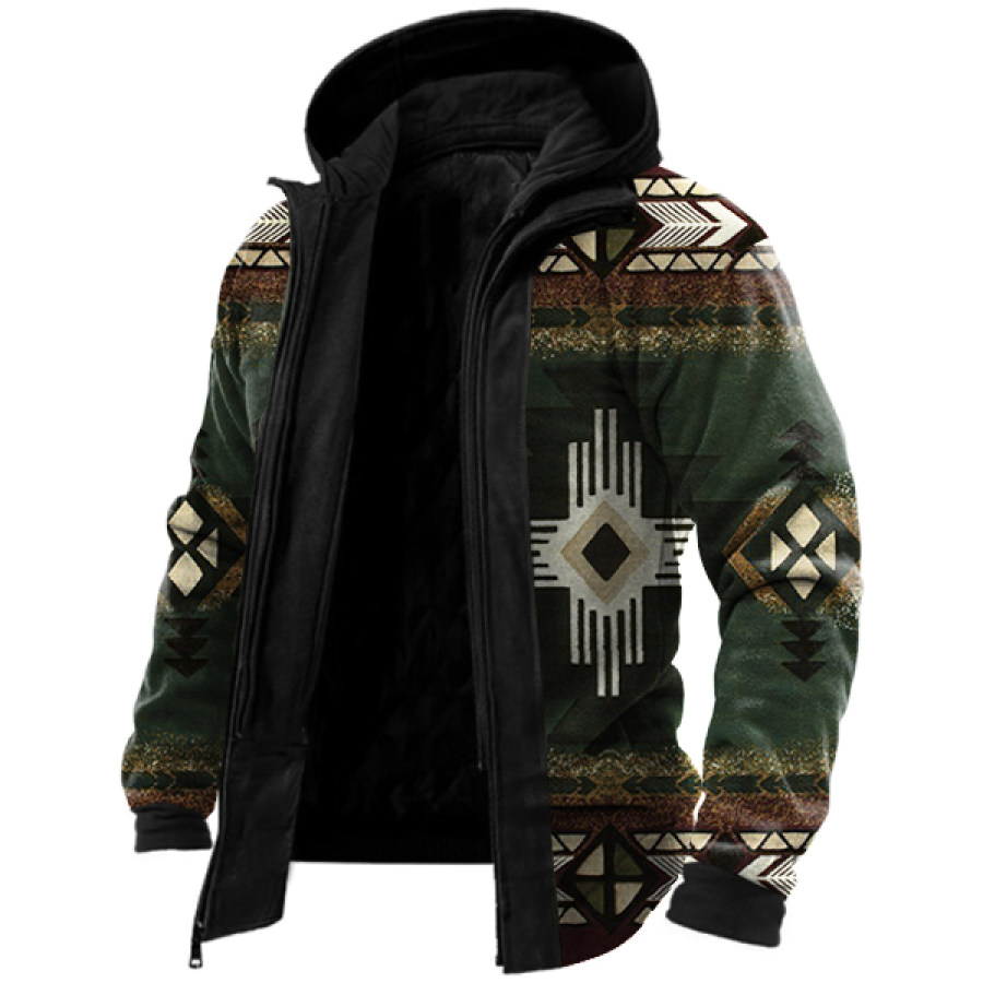 

Men's Vintage Ethnic Geometric Pattern Warm Thick Hooded Jacket