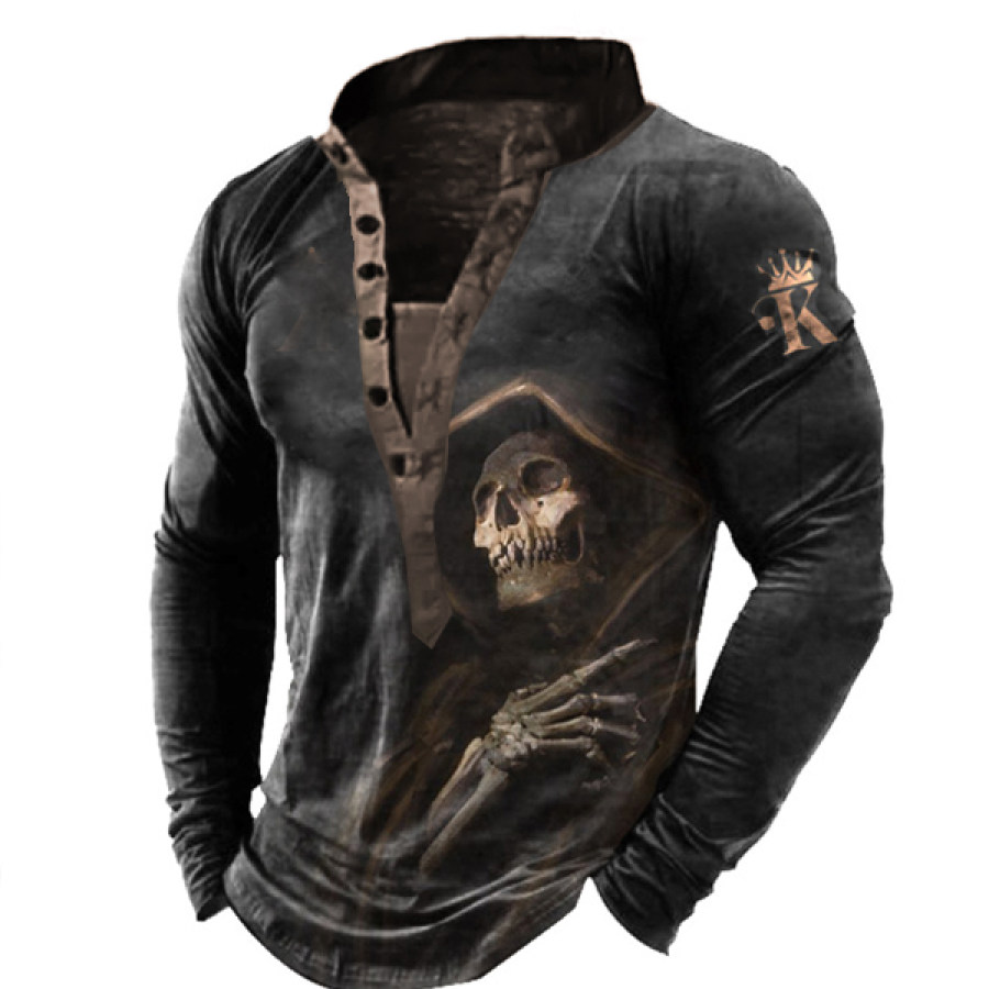 

King Men's Crown Skull Reaper Print Long Sleeve Henle T-Shirt