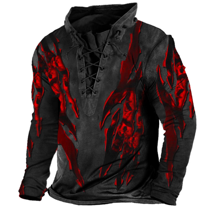 

Men's Scratched Skull Print Lace-Up Hoodie T-Shirt