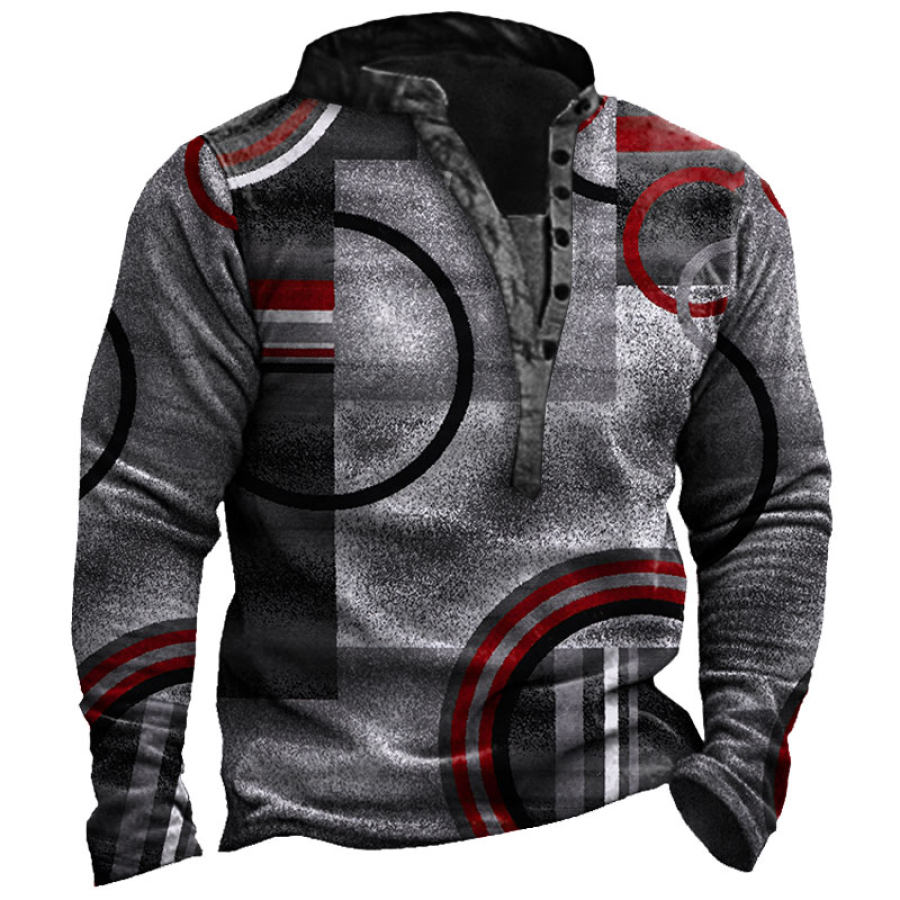 

Men's Vintage Geometric Print Thickened Thermal Henley Sweatshirt