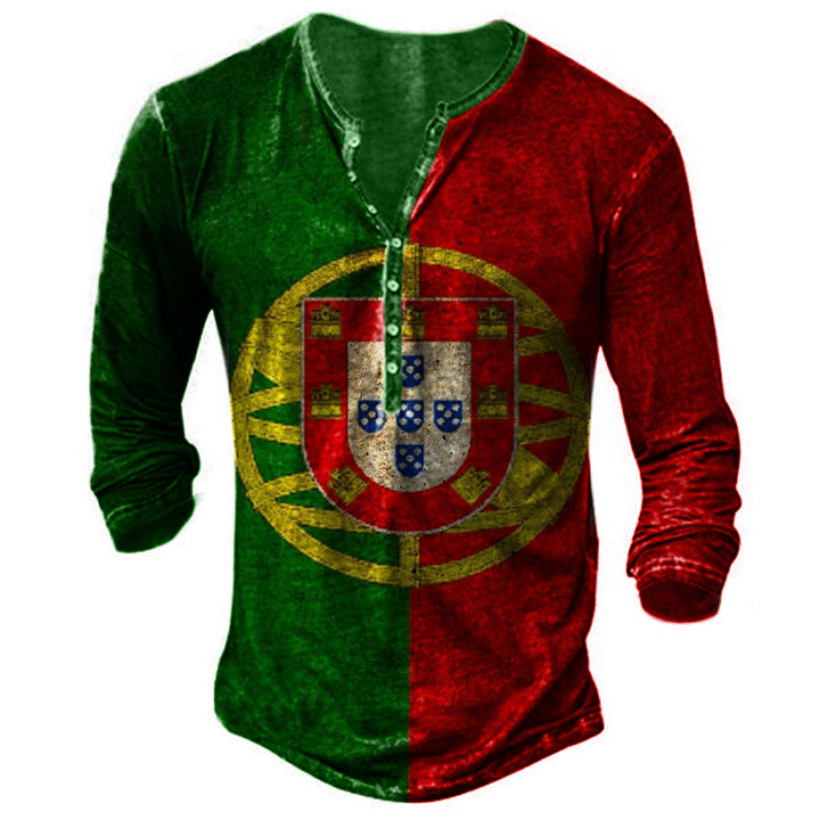 

Men's Portugal Flag Patchwork Henley Collar T-Shirt