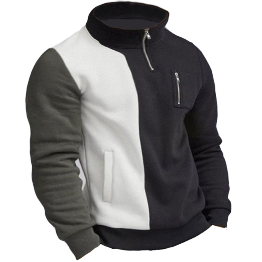 

Men's Paneled Fleece Zip Pocket Stand Collar Patchwork Sweatshirt