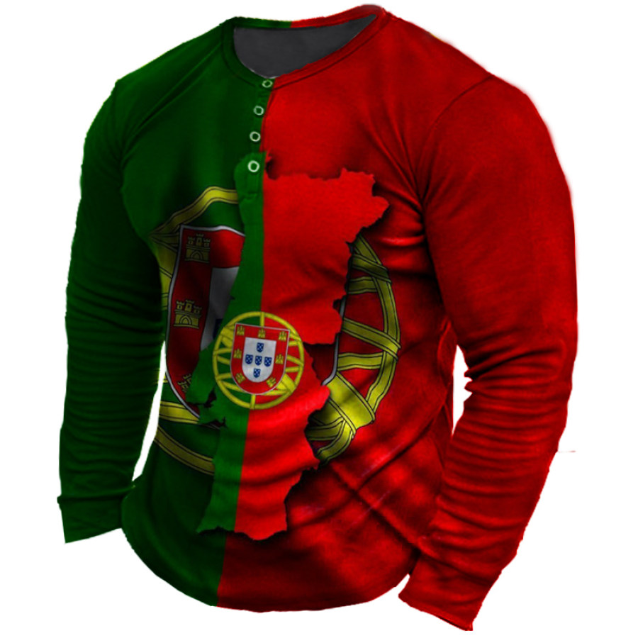 

Men's Portugal Flag Map Patchwork Henley Collar T-Shirt