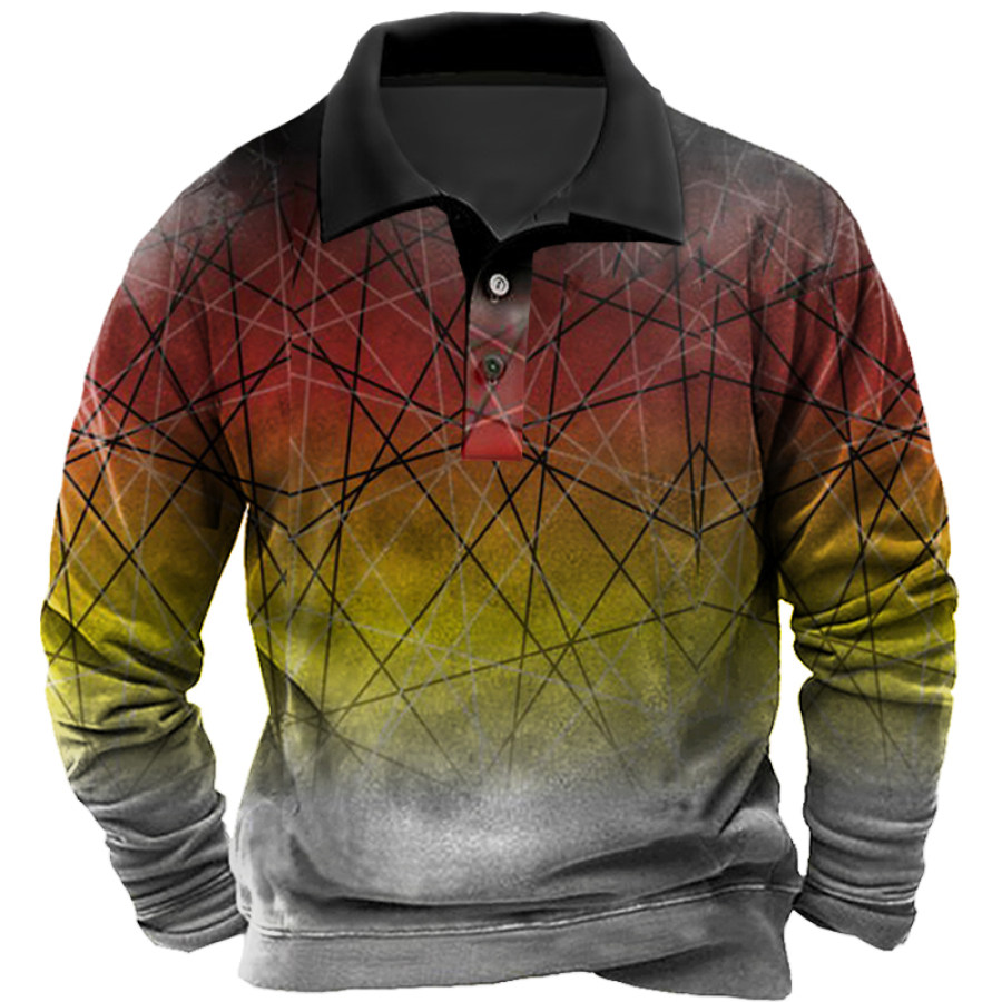 

Men's Vintage Patchwork Geometric Print Polo Sweatshirt