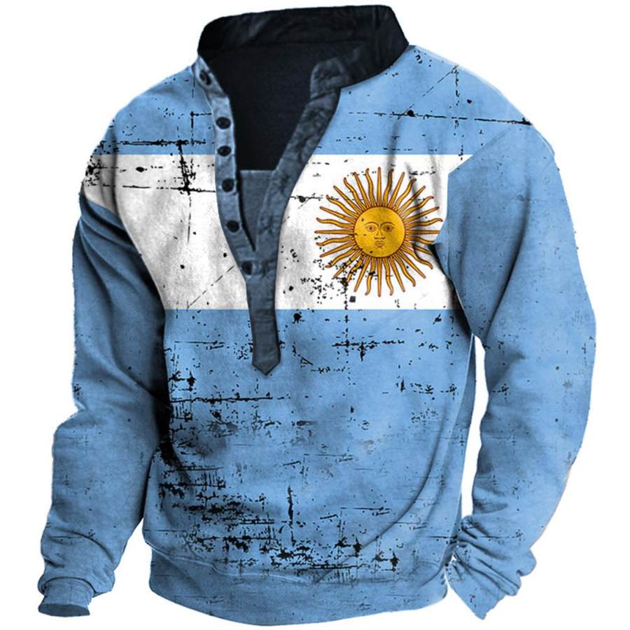 

Men's Outdoor Argentina Flag Print Henley Sweatshirt