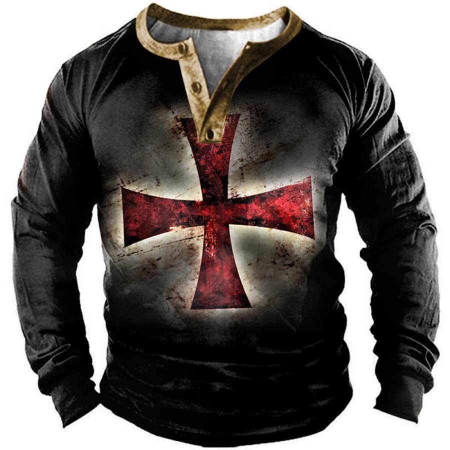 

Men's Outdoor Templar Cross Print Henley Long Sleeve T-Shirt