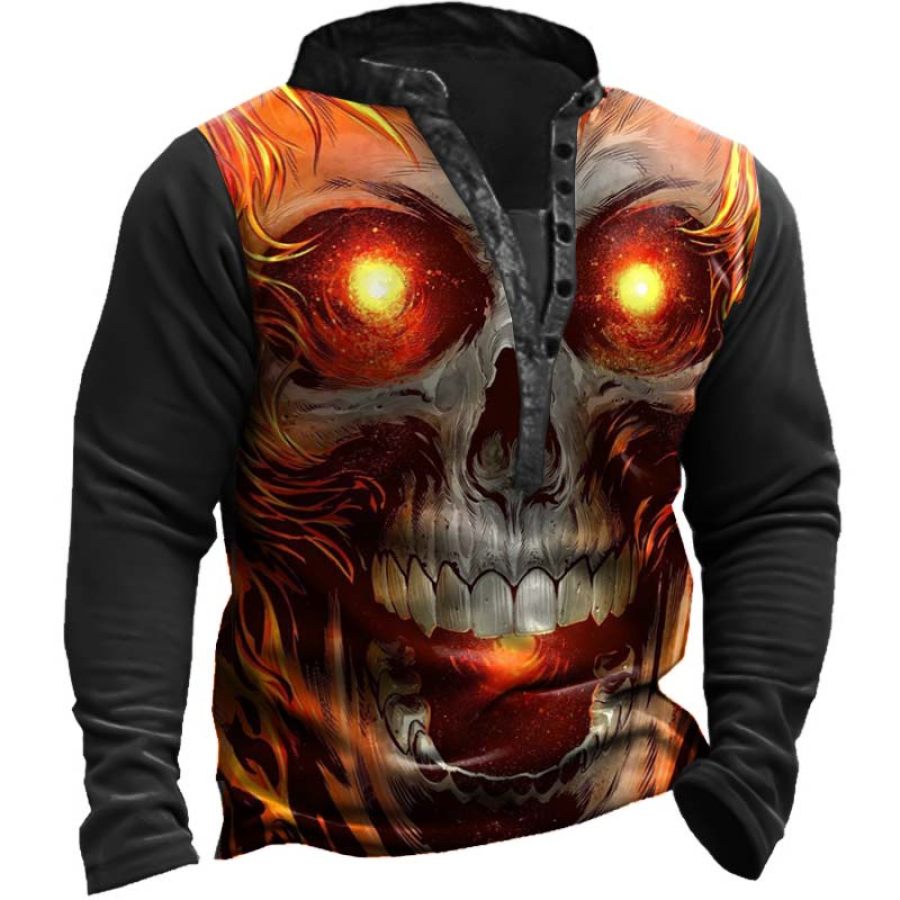 

Men's Outdoor Fire Skull Print Henley Sweatshirt