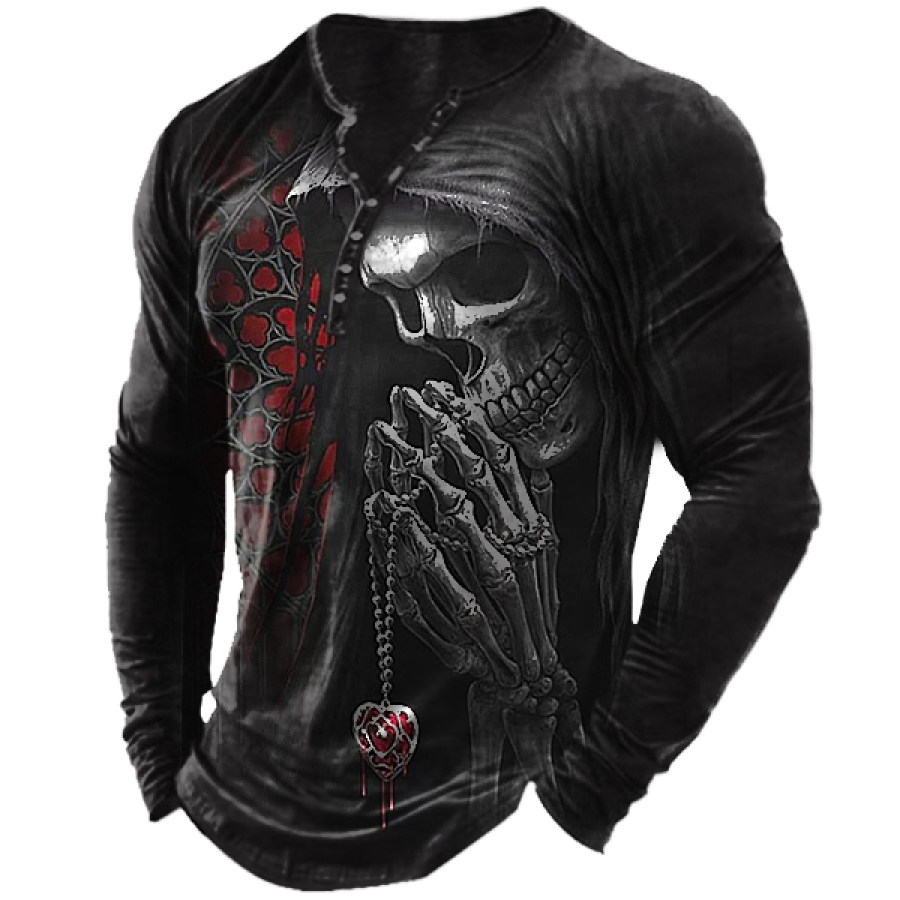 

Men's Vintage Skull Print Henley Collar Long Sleeve T-Shirt