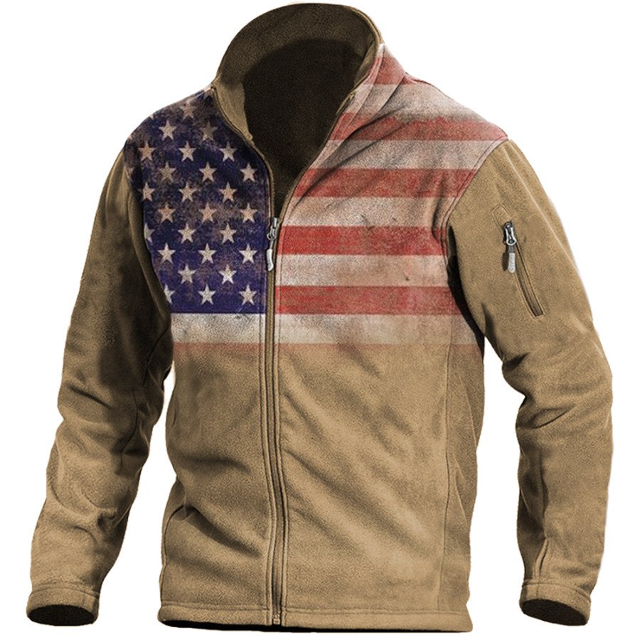

Men's Outdoor American Flag Print Pocket Polar Fleece Zip-Up Jacket