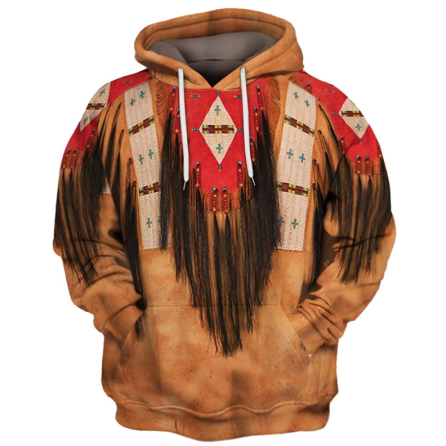 

Men's Thick Warm Retro Ethnic Print Pocket Hoodie