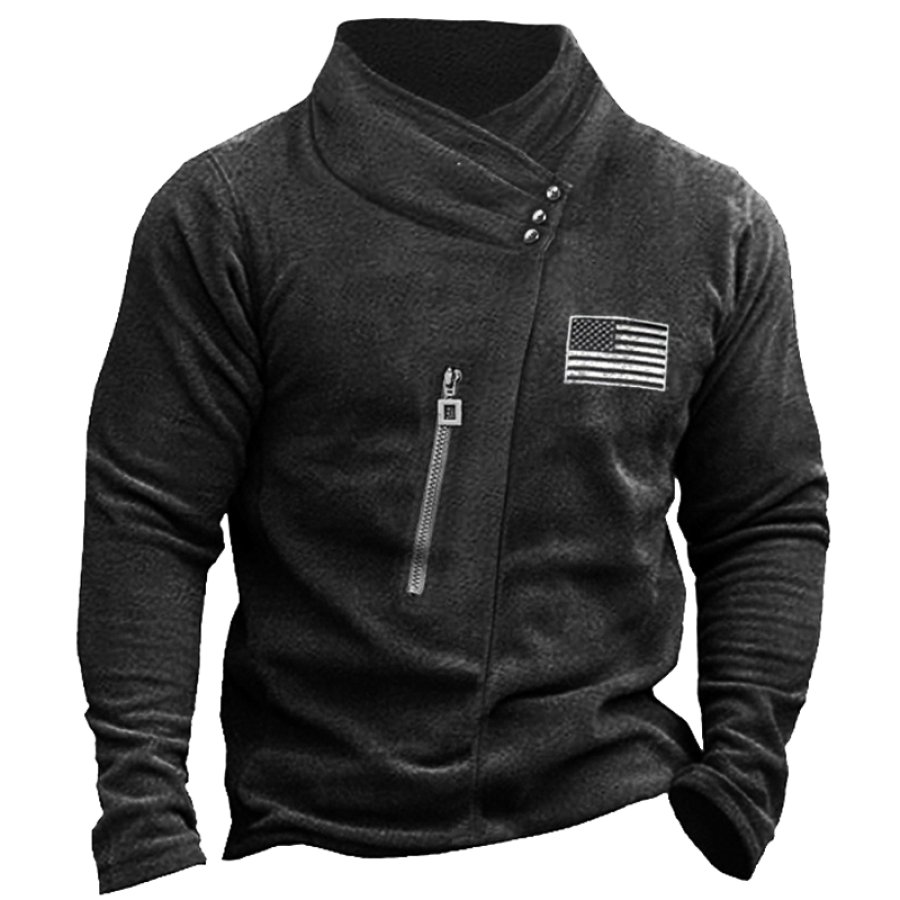 

Men's American Flag Velcro Zip Pocket Fleece Button Collar Sweatshirt