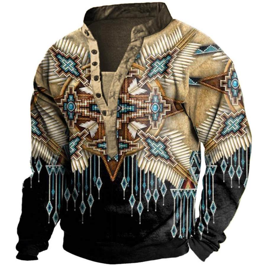 

Men's Vintage Native American Ethnic Print Henley Sweatshirt