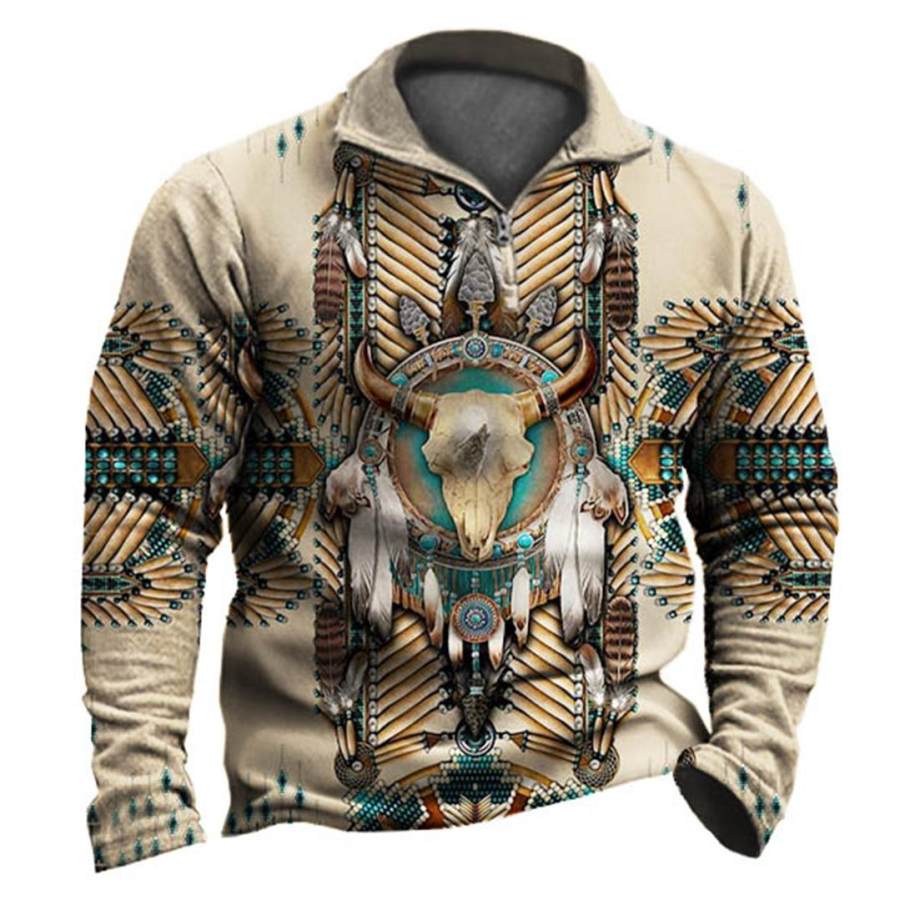 

Men's Vintage Western Ethnic Print Zipper Sweatshirt