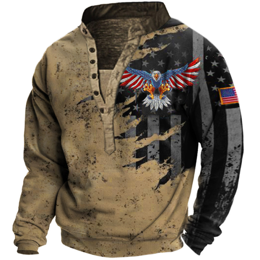 

Men's Vintage American Flag Eagle Print Henley Collar Sweatshirt