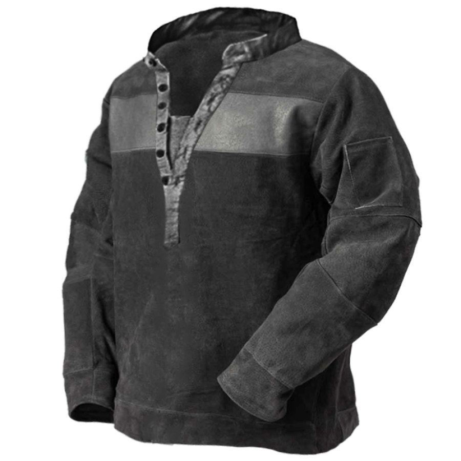 

Men's Vintage Outdoor Warm Patchwork Henley Sweatshirt