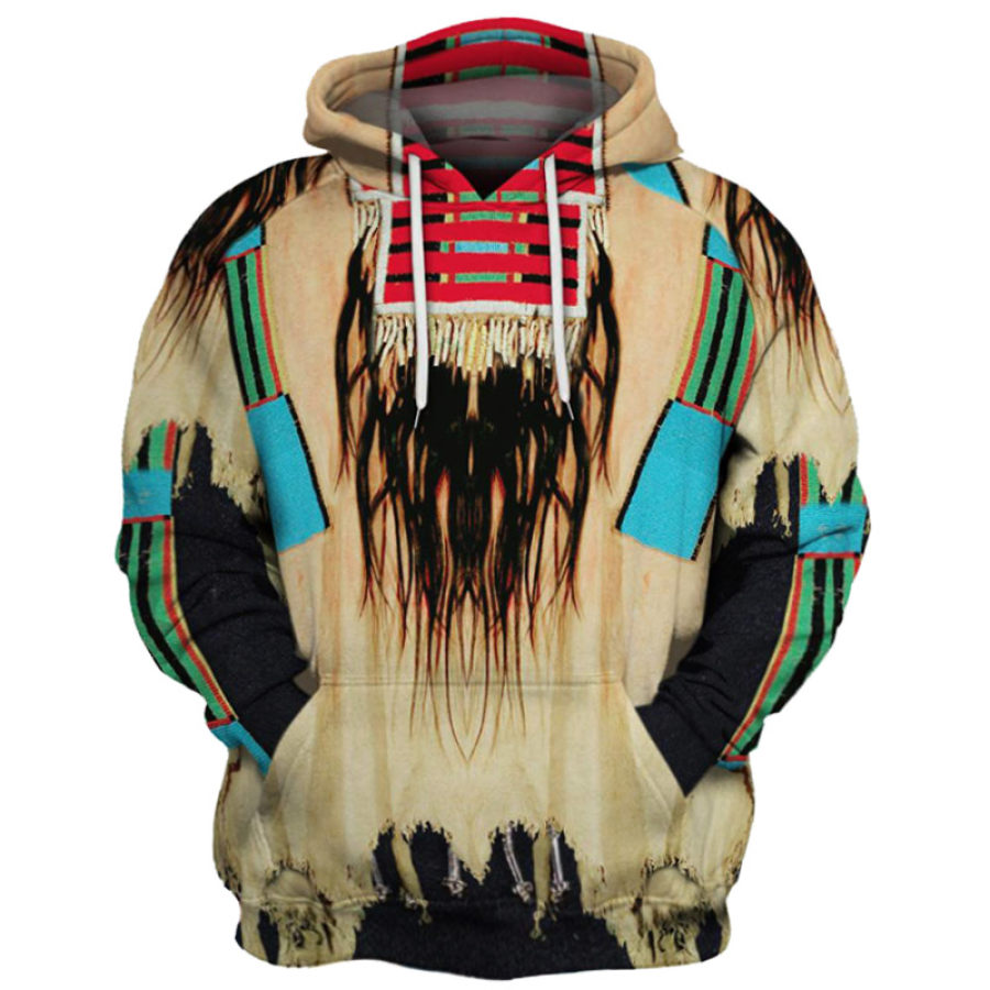 

Men's Retro Contrast Ethnic Print Pocket Thick Hoodie