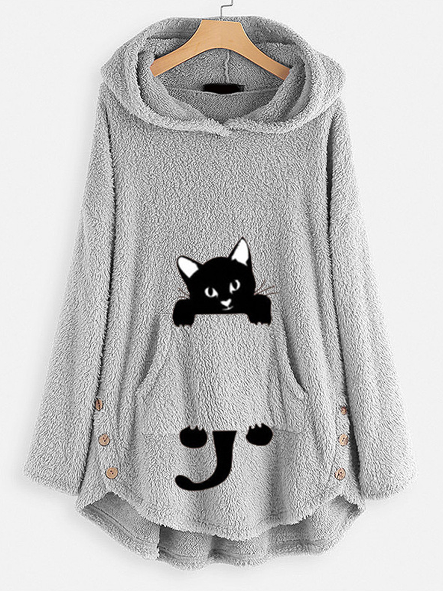 Casual Loose Warm Cat Print Chic Hooded Plush Coat