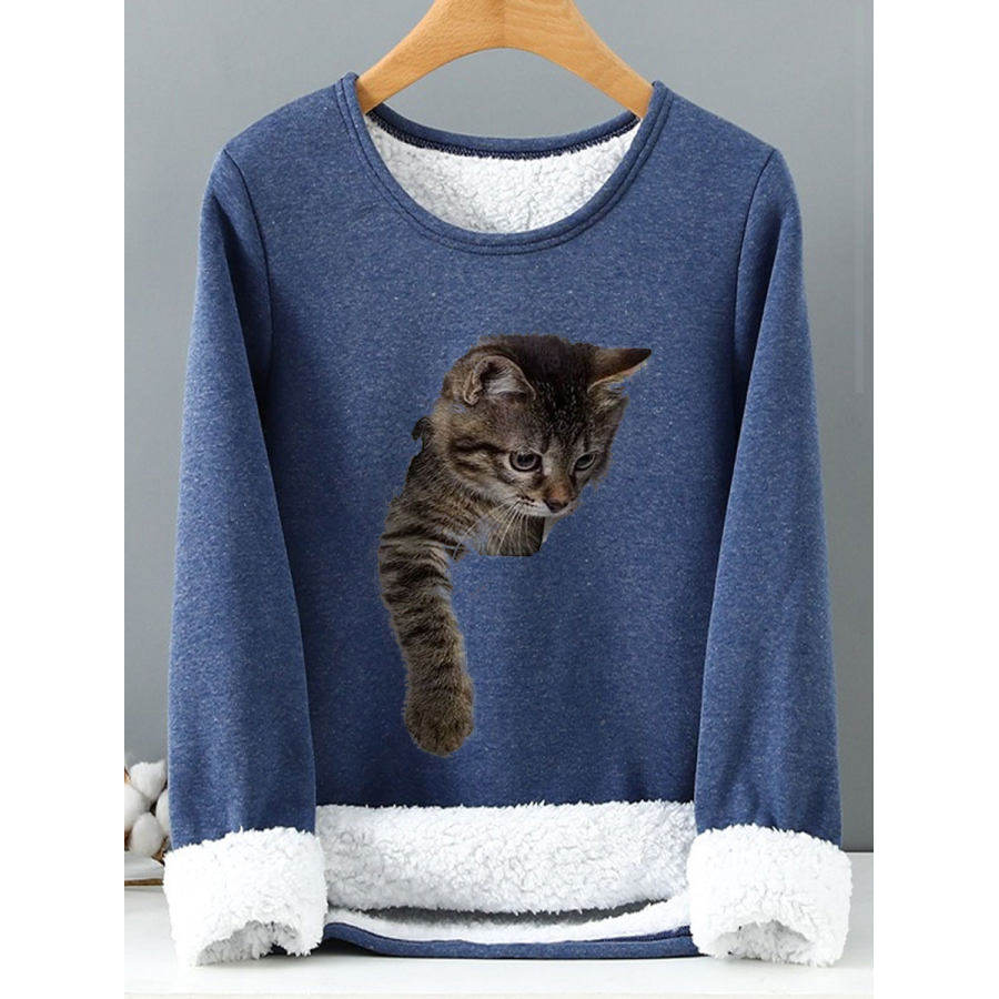 

Round Neck Casual Loose Cat Print Fleece Long Sleeve T-shirt