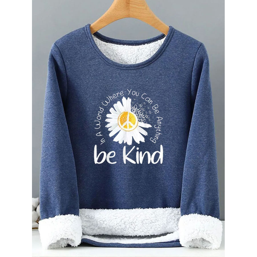 

Round Neck Casual Loose Floral Letter Print Fleece Long Sleeve T-shirt