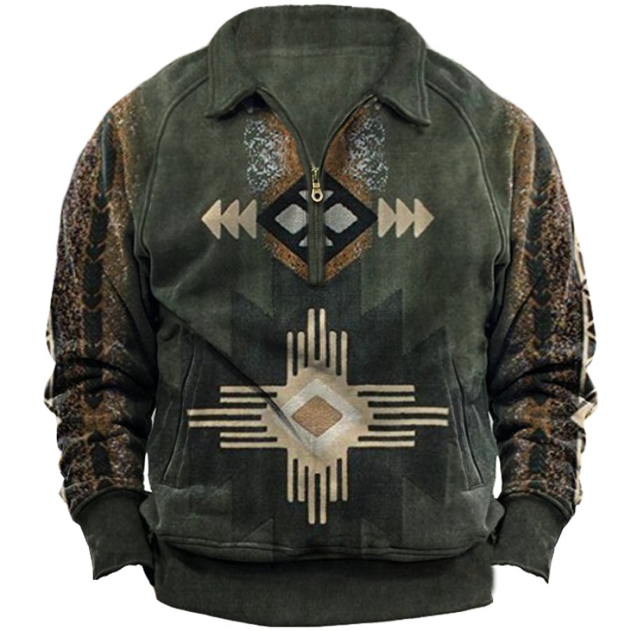

Men's Ethnic Print Zip Collar Pocket Sweatshirt