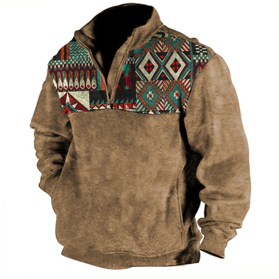 

Men's Vintage Ethnic Geometric Print Zip Sweatshirt