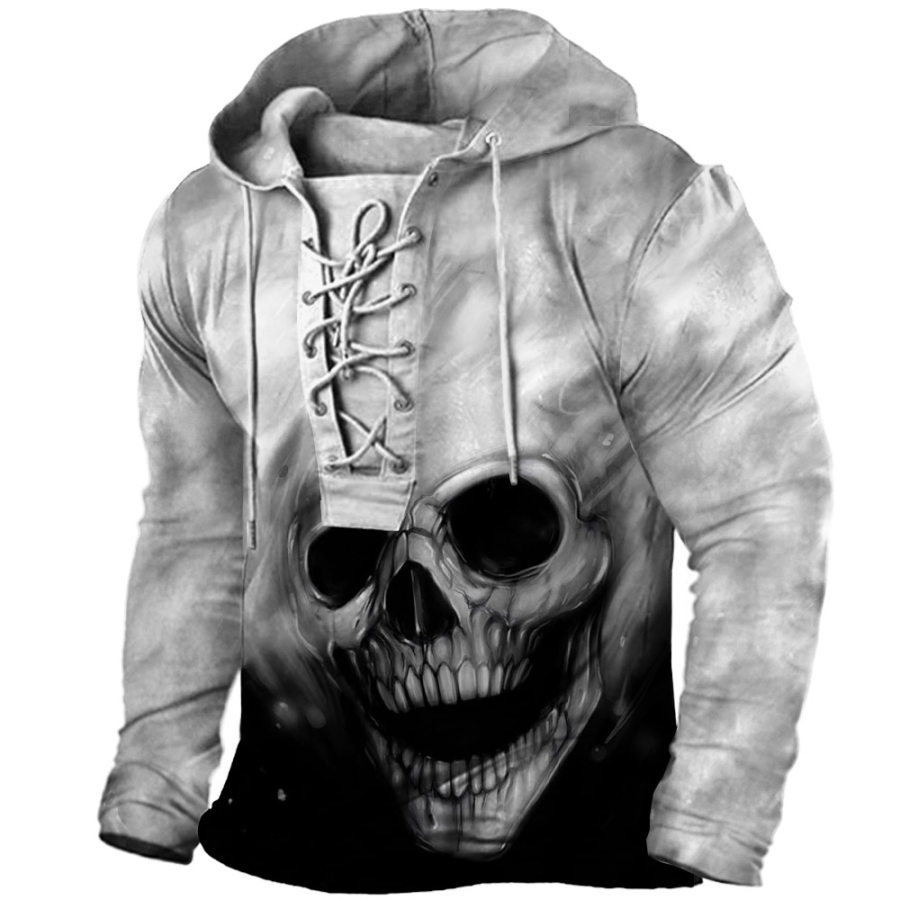 

Men's Outdoor Skull Print Lace-Up Hooded T-Shirt