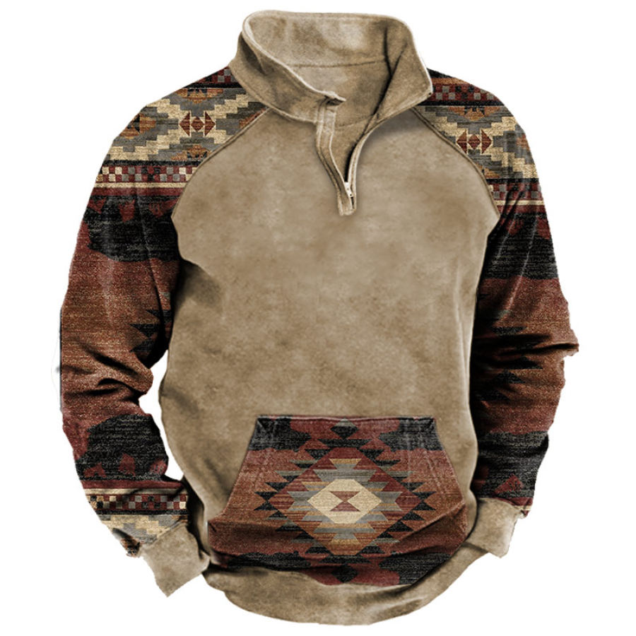 

Men's Retro Outdoor Ethnic Print Spliced Pocket Half Open Sweatshirt