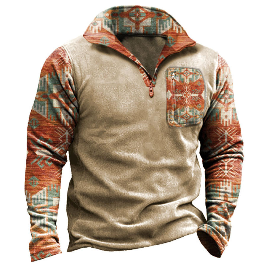 

Men's Retro Outdoor Warm Ethnic Print Zip Pocket Half Open Sweatshirt