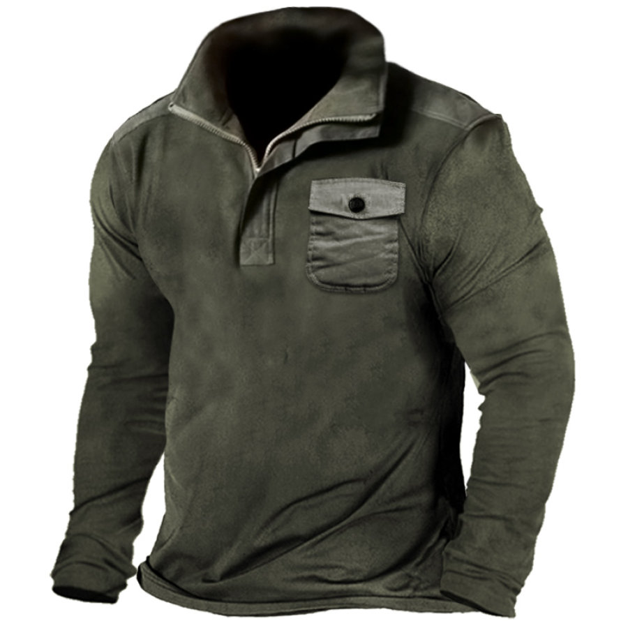 

Men's Retro Outdoor Training Pocket Splicing Half-Zip Tactical T-Shirt