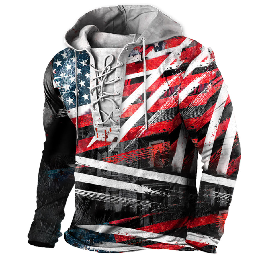 

Men's Vintage American Flag Print Lace-Up Hooded Long Sleeve T-Shirt