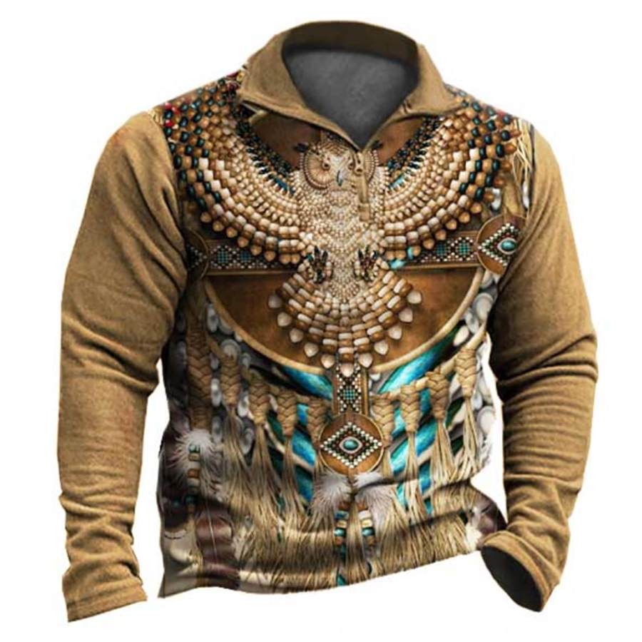 

Men's Vintage Owl Ethnic Print Zipper Sweatshirt