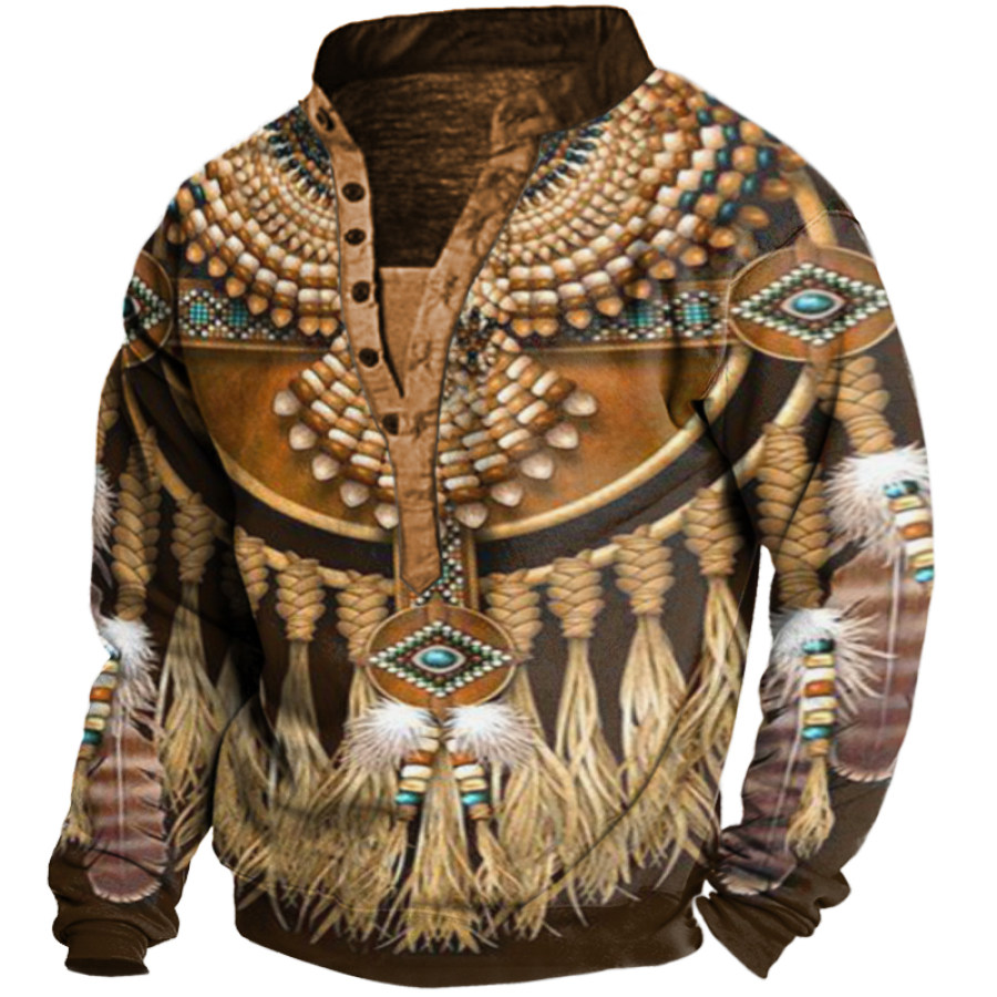 

Native American Culture 3D Printed Henley Collar Long Sleeve Sweatshirt
