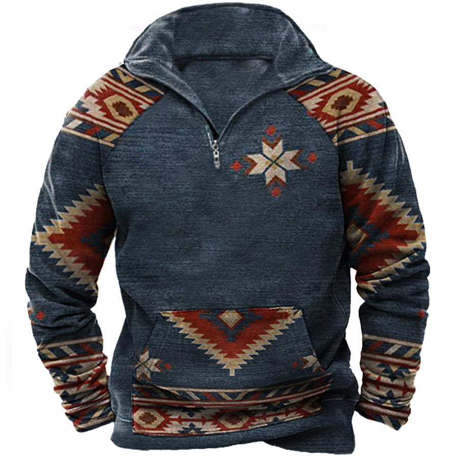 

Men's Vintage Ethnic Print Zip Up Collar Pocket Sweatshirt